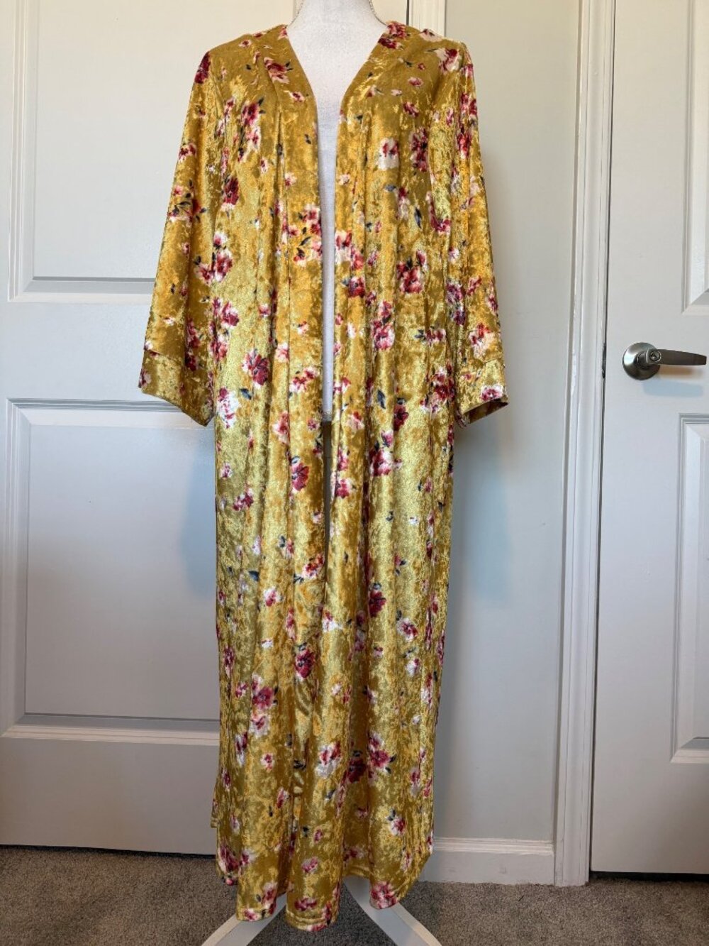 Compania Fantastica 3X Floral Velour Long Cardigan Gold Pink Duster Kimono
